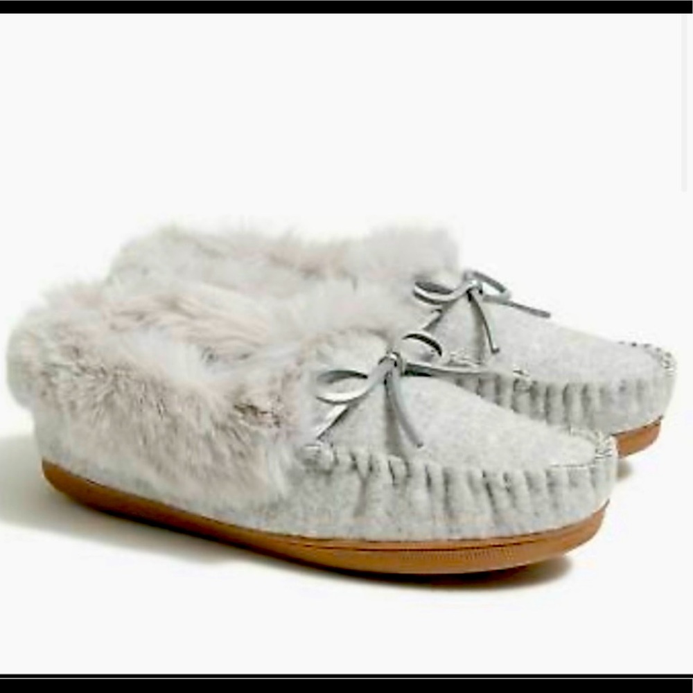 JCREW faux shearling moccasin slippers. Heathered Gray.